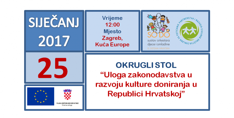 Poziv na okrugli stol  „Uloga zakonodavstva u razvoju kulture doniranja u RH“, Zagreb 25.01.