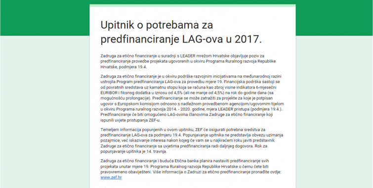Upitnik o potrebama za predfinanciranje LAG-ova u 2017.